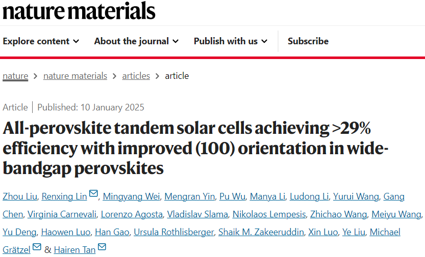 PCE＞29%！矢志创新，领跑光伏！手握6篇N/S正刊，7破世界纪录，新发Nature Materials！